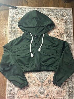 BDG Dark Green Cropped Bomber Hoodie Jacket